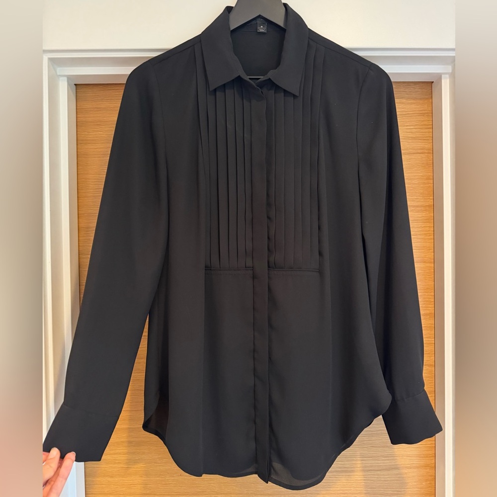 J. Crew Women’s Silky Black Dress Shirt with Tuxedo Pleat Front